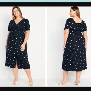 Old Navy Waist-Defined Polka Dot Button Front Shirt Midi Dress Size XL Navy Blue